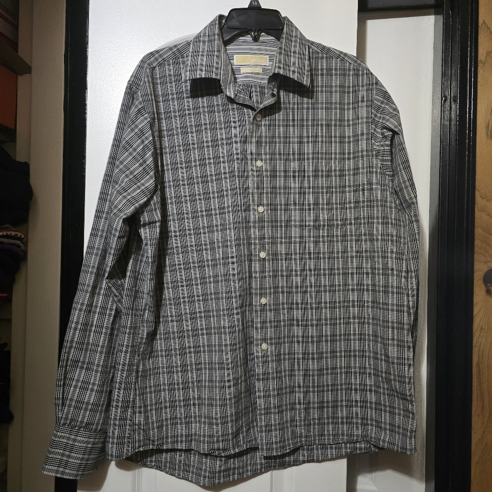 Michael Kors Men's Black Plaid Button Down Shirt - Regular Fit Size Large